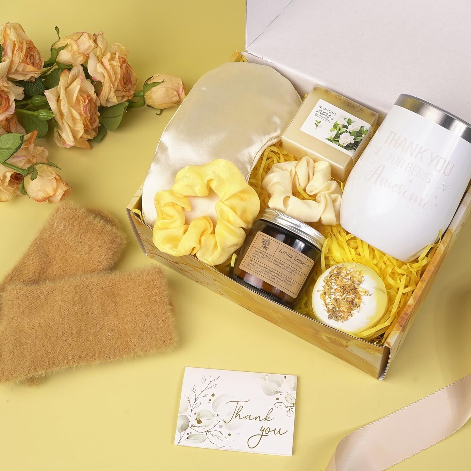 Elegant Self-Care Gift Basket for Women - Thoughtful Appreciation and Valentine's Day Gifts Including Headband, Tumbler, Eye Mask, Socks, and Unique Office Gifts for Coworkers